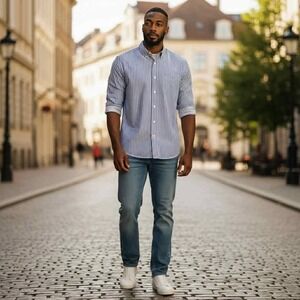 Men's Claybrooke Blue White Striped Button-Up Shirt Wrinkle-Free Size 16 34/35